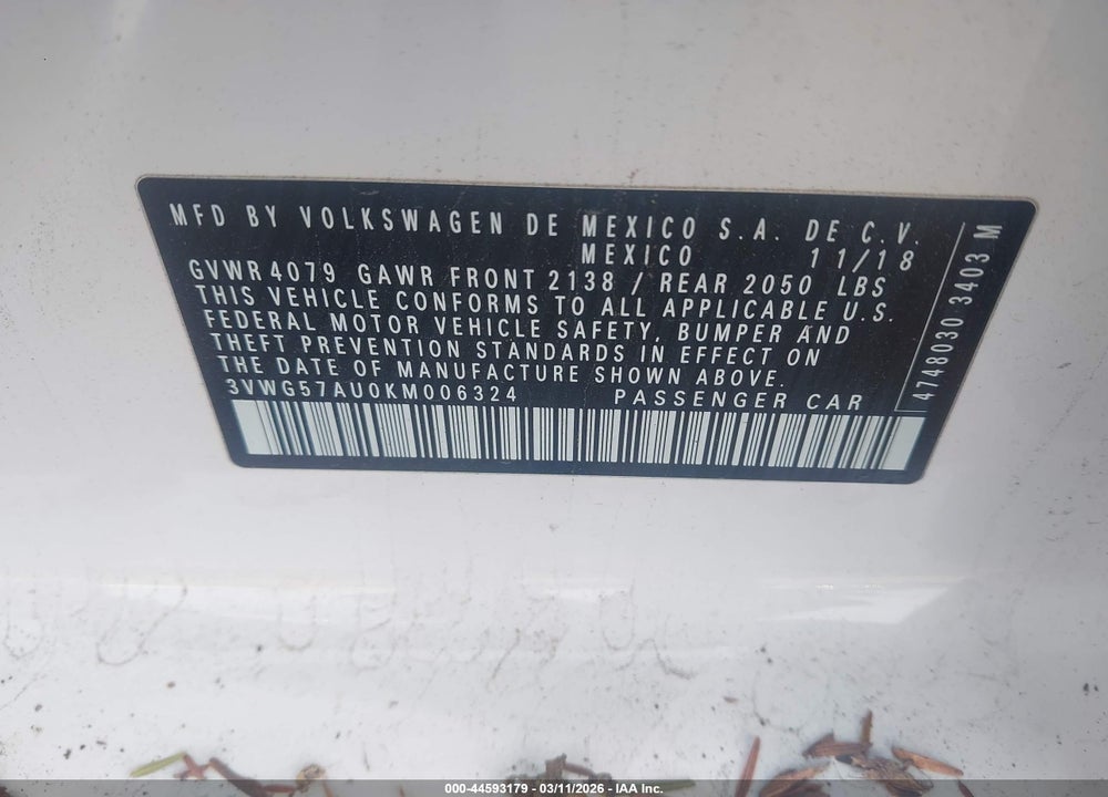 2019 VOLKSWAGEN GOLF 1.4T S/1.4T SE VIN: 3VWG57AU0KM006324