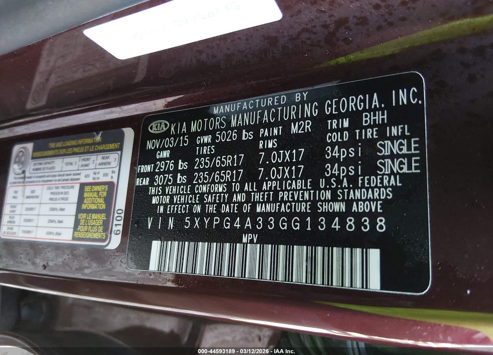 2016 KIA SORENTO 2.4L LX VIN: 5XYPG4A33GG134838