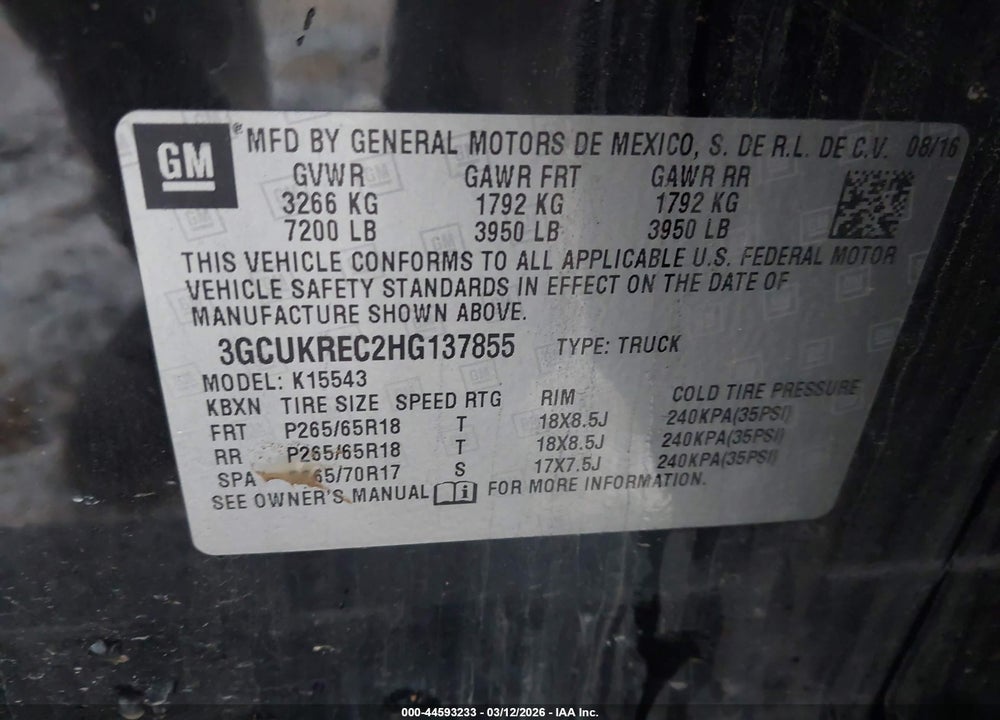 2017 CHEVROLET SILVERADO 1500 1LT VIN: 3GCUKREC2HG137855