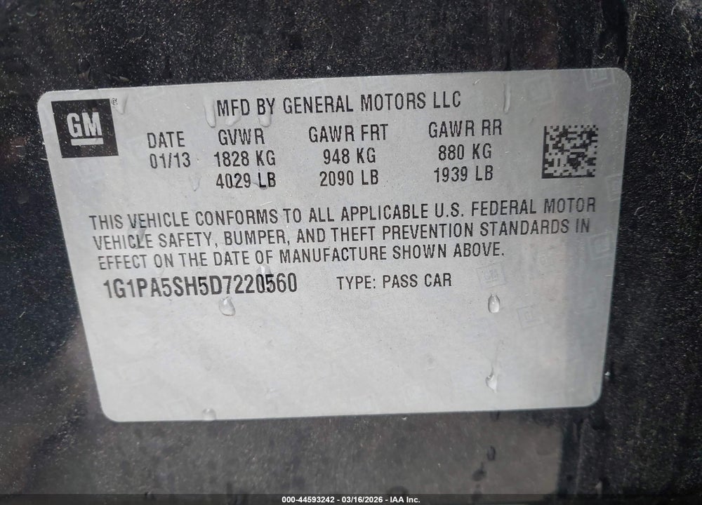 2013 CHEVROLET CRUZE LS AUTO VIN: 1G1PA5SH5D7220560