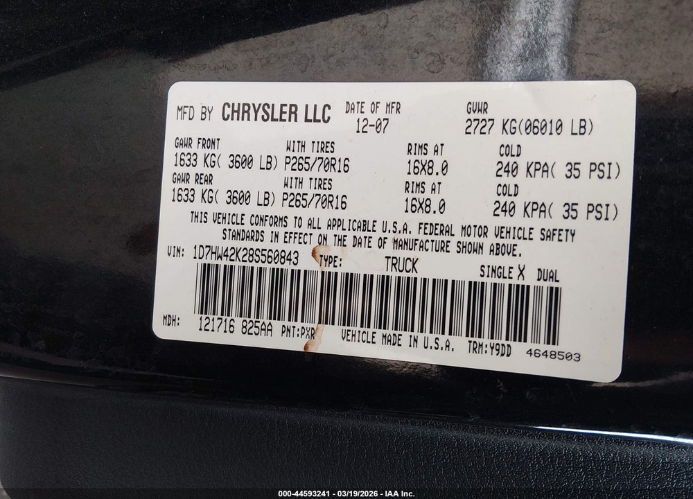 2008 DODGE DAKOTA SLT VIN: 1D7HW42K28S560843