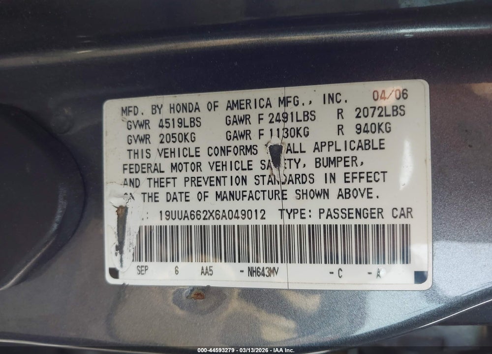 2006 ACURA TL VIN: 19UUA662X6A049012