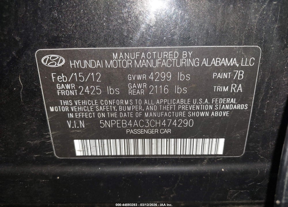 2012 HYUNDAI SONATA GLS VIN: 5NPEB4AC3CH474290