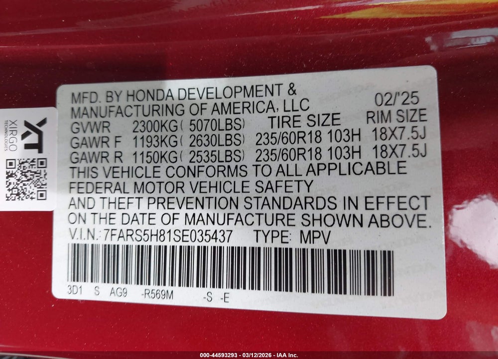 2025 HONDA CR-V HYBRID SPORT-L VIN: 7FARS5H81SE035437
