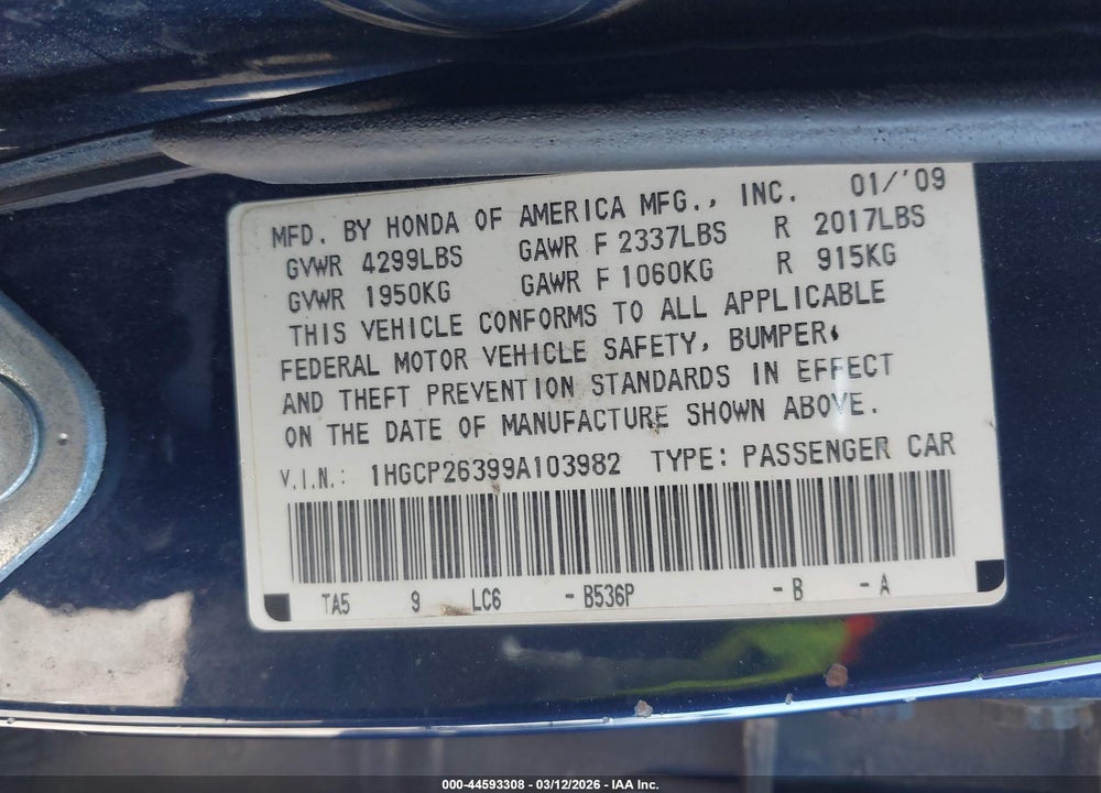 2009 HONDA ACCORD 2.4 LX VIN: 1HGCP26399A103982