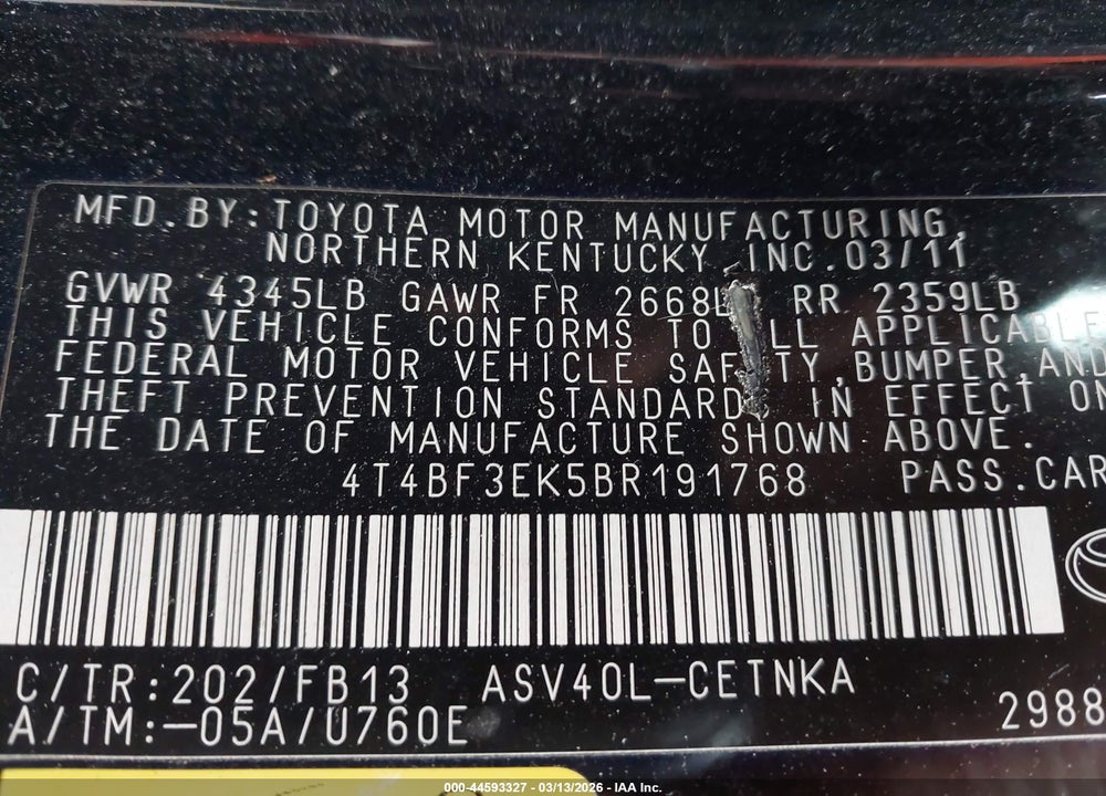 2011 TOYOTA CAMRY VIN: 4T4BF3EK5BR191768