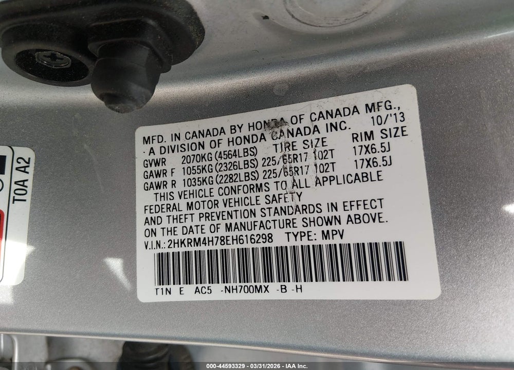 2014 HONDA CR-V EX-L VIN: 2HKRM4H78EH616298