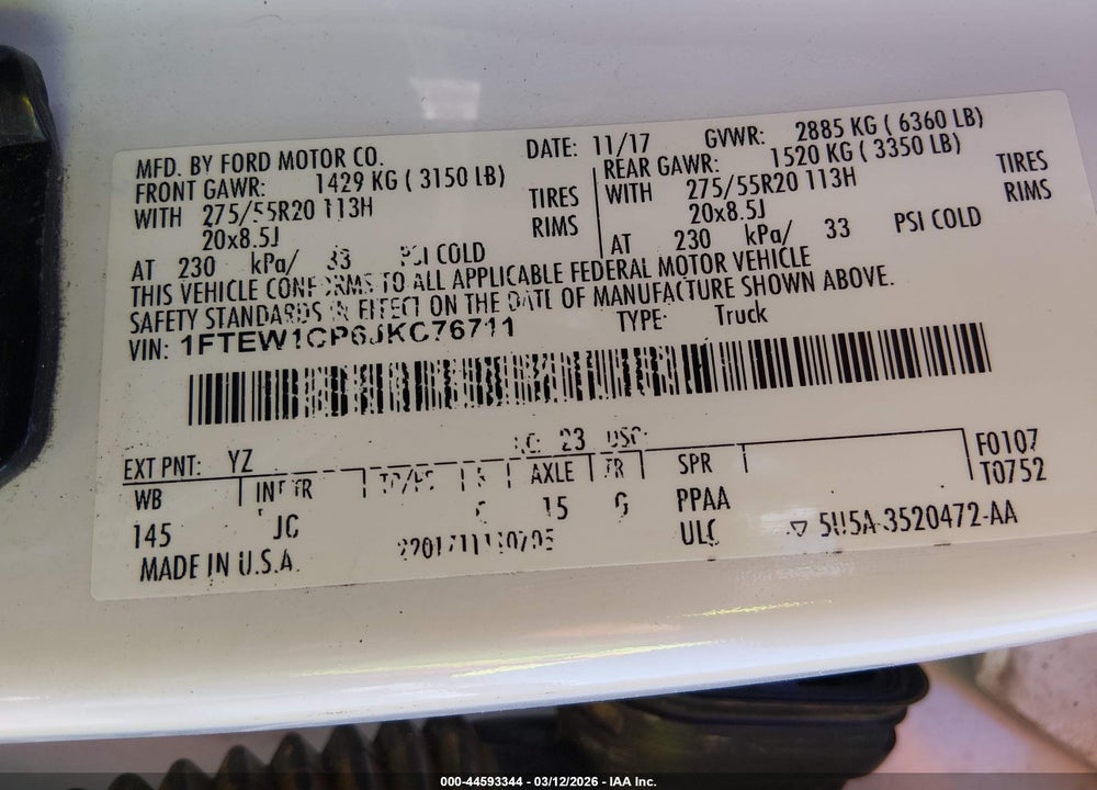 2018 FORD F-150 XL VIN: 1FTEW1CP6JKC76711