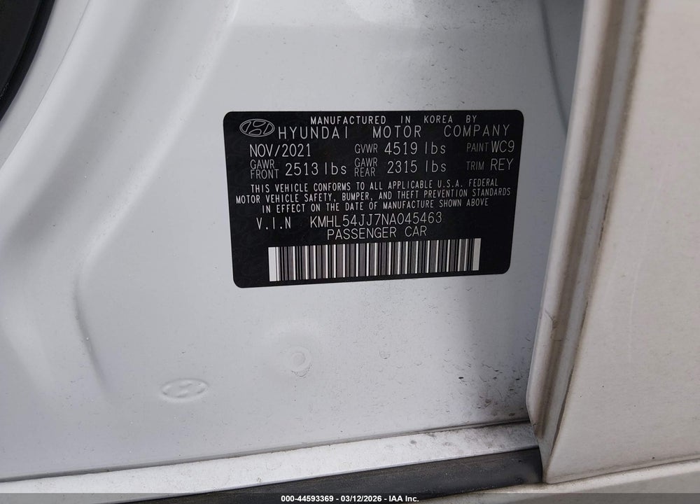 2022 HYUNDAI SONATA HYBRID LIMITED VIN: KMHL54JJ7NA045463
