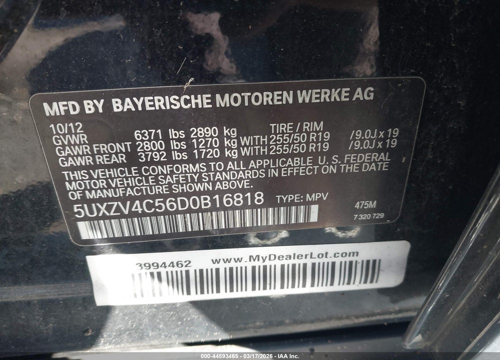 2013 BMW X5 XDRIVE35I/XDRIVE35I PREMIUM/XDRIVE35I SPORT ACTIVITY VIN: 5UXZV4C56D0B16818