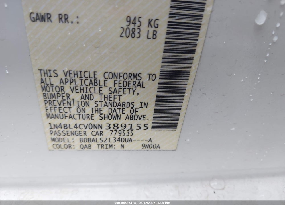 2022 NISSAN ALTIMA SR FWD VIN: 1N4BL4CV0NN389155