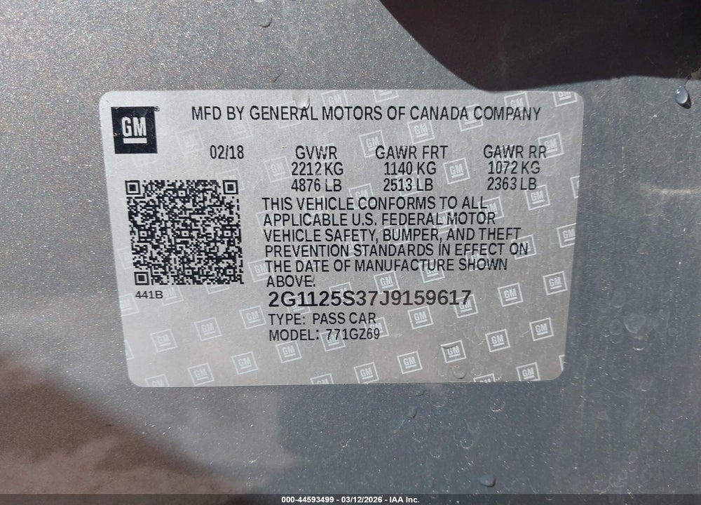 2018 CHEVROLET IMPALA 2LZ VIN: 2G1125S37J9159617