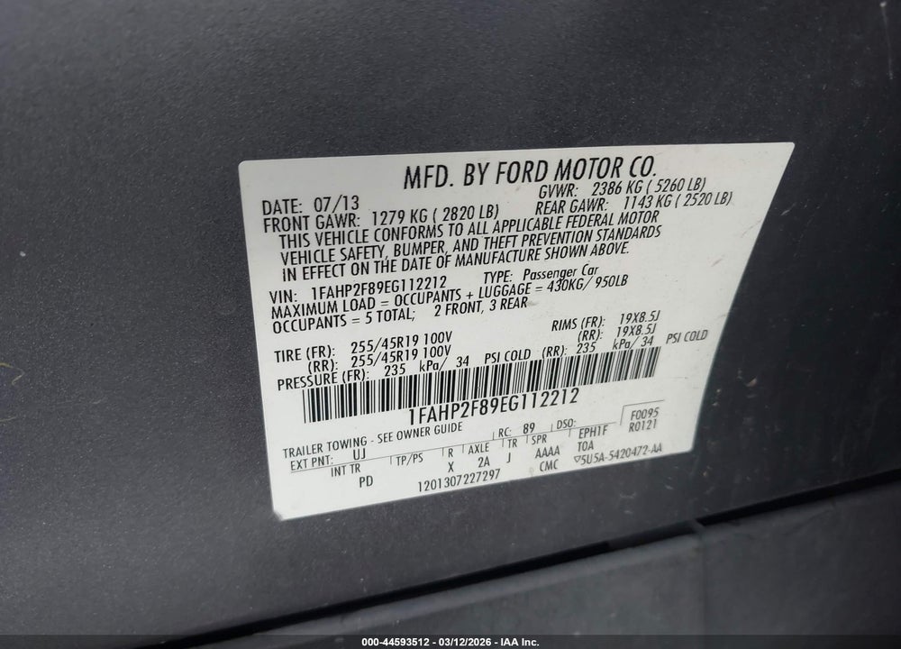 2014 FORD TAURUS LIMITED VIN: 1FAHP2F89EG112212