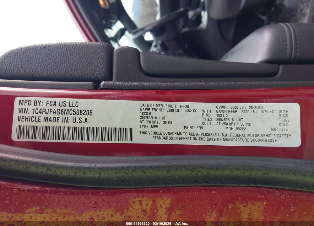 2021 JEEP GRAND CHEROKEE LAREDO E 4X4 VIN: 1C4RJFAG6MC508206