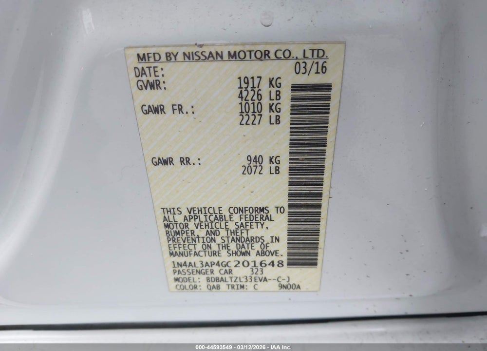 2016 NISSAN ALTIMA 2.5 SL VIN: 1N4AL3AP4GC201648