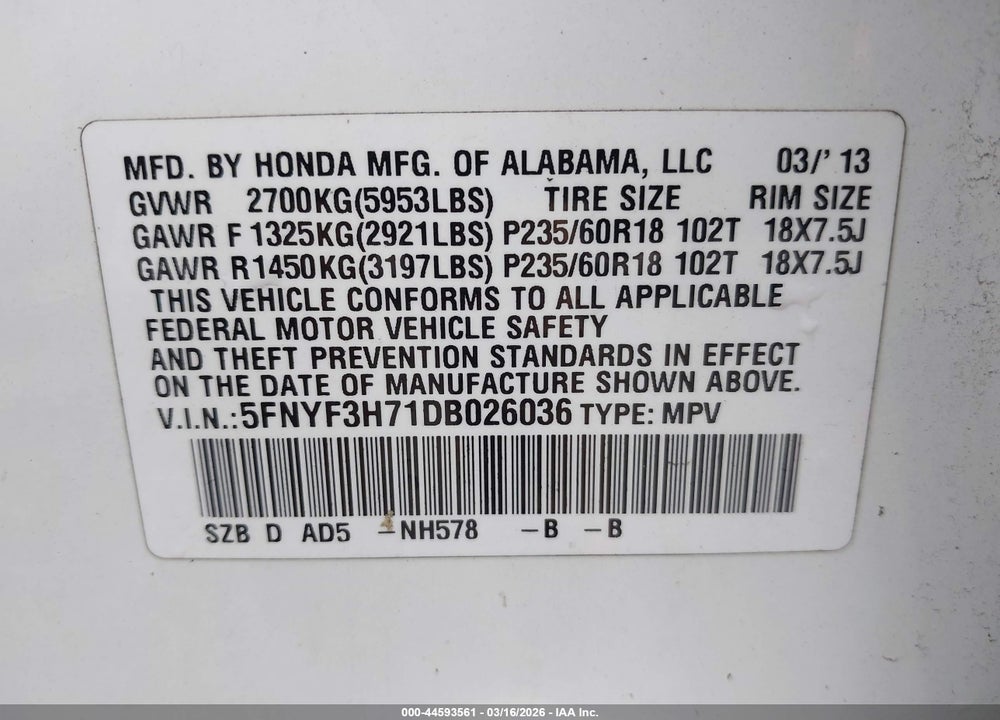 2013 HONDA PILOT EX-L VIN: 5FNYF3H71DB026036
