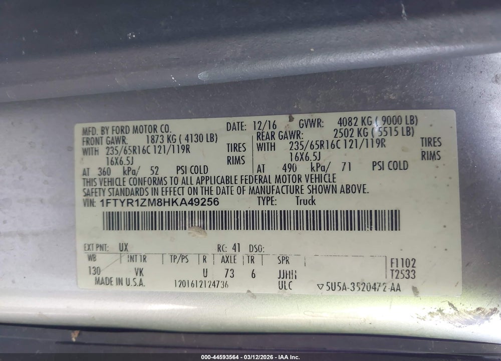 2017 FORD TRANSIT-250 VIN: 1FTYR1ZM8HKA49256