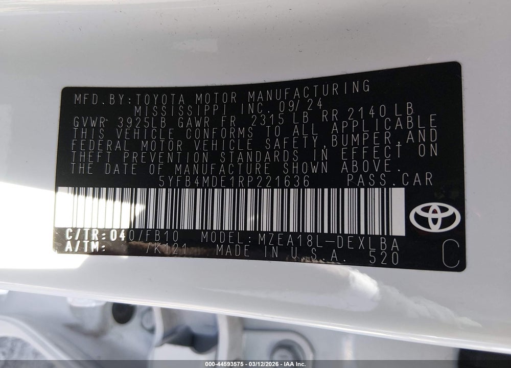 2024 TOYOTA COROLLA LE VIN: 5YFB4MDE1RP221636