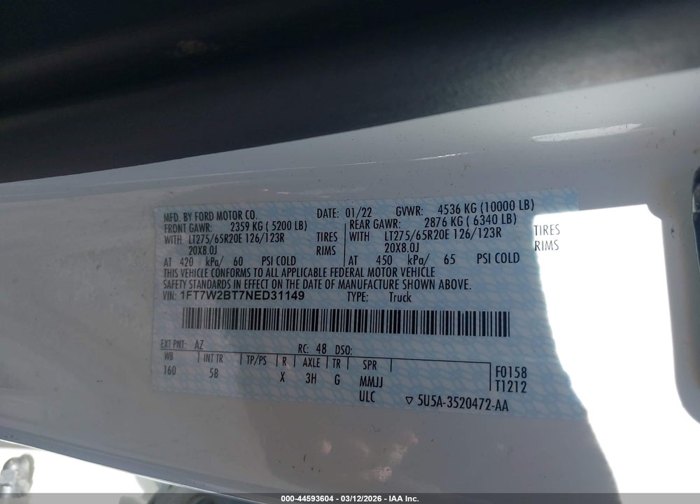 2022 FORD F-250 LARIAT VIN: 1FT7W2BT7NED31149