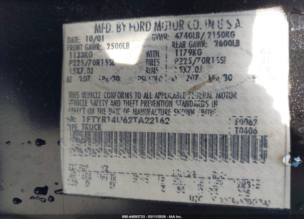 2002 FORD RANGER EDGE/TREMOR/XL/XLT VIN: 1FTYR14U62TA22162