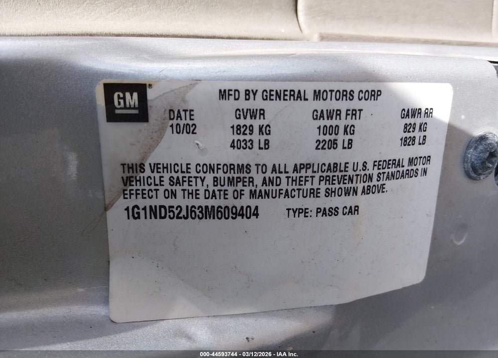 2003 CHEVROLET MALIBU VIN: 1G1ND52J63M609404