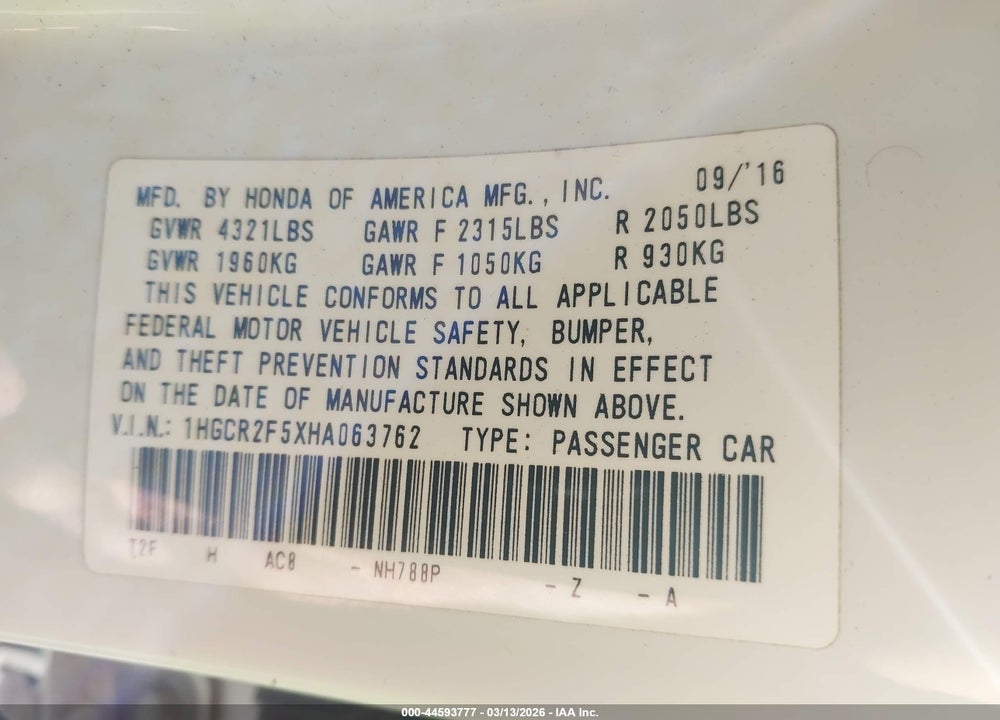 2017 HONDA ACCORD SPORT VIN: 1HGCR2F5XHA063762
