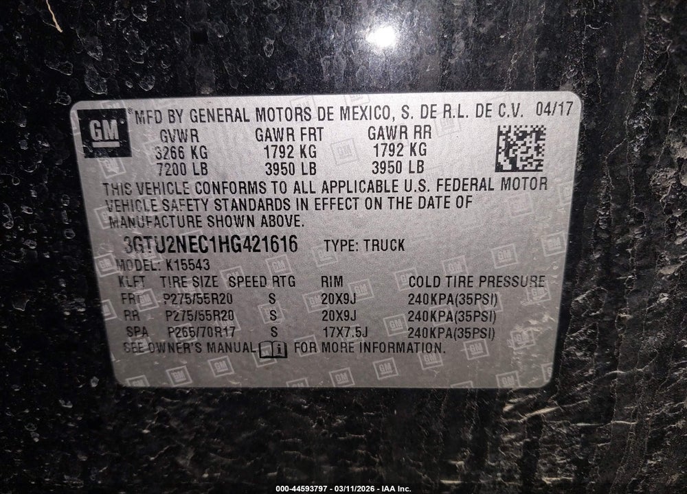 2017 GMC SIERRA 1500 SLT VIN: 3GTU2NEC1HG421616