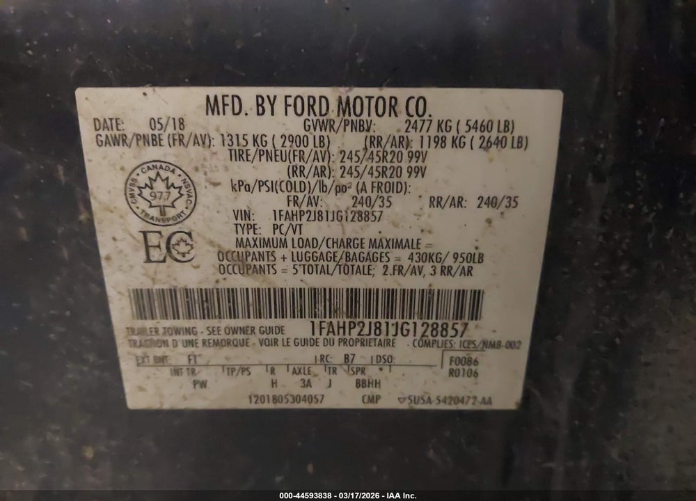2018 FORD TAURUS LIMITED VIN: 1FAHP2J81JG128857