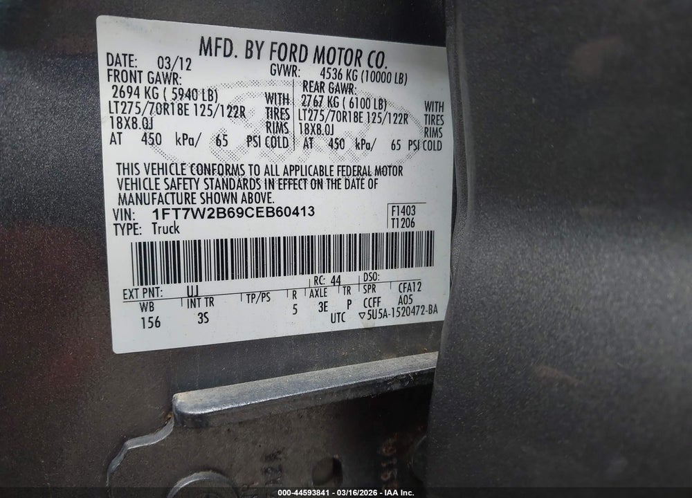 2012 FORD F-250 XLT VIN: 1FT7W2B69CEB60413