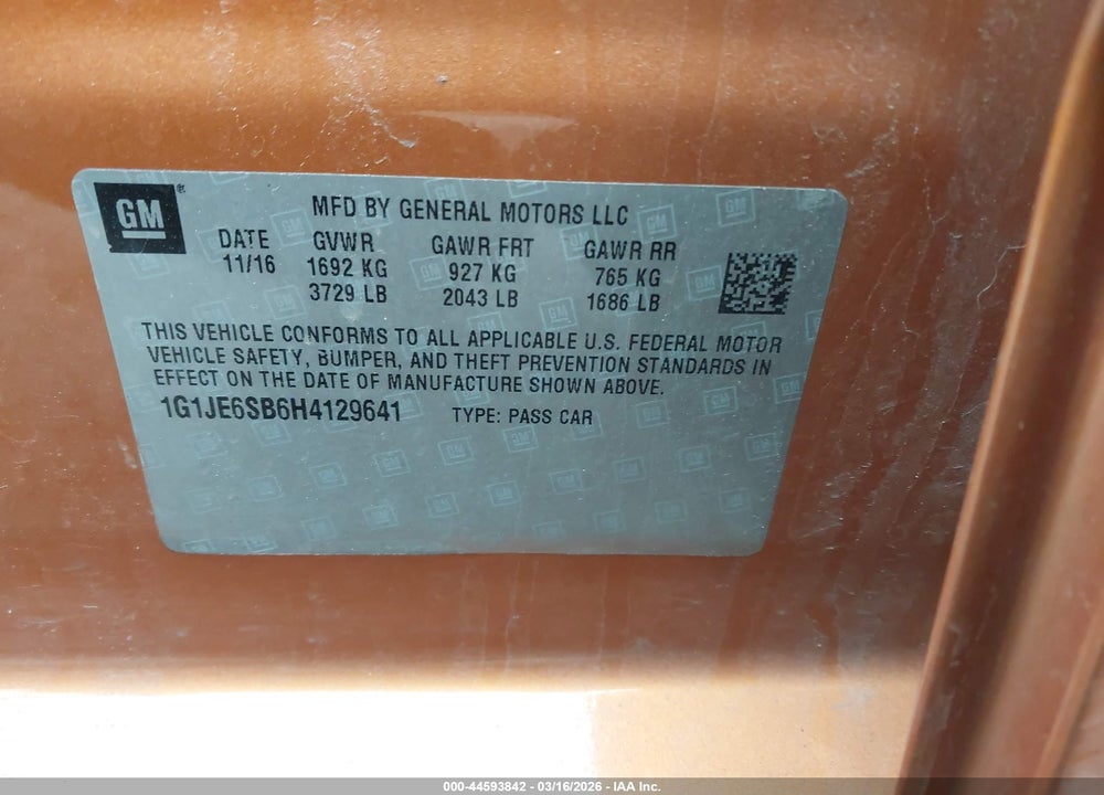 2017 CHEVROLET SONIC PREMIER MANUAL VIN: 1G1JE6SB6H4129641