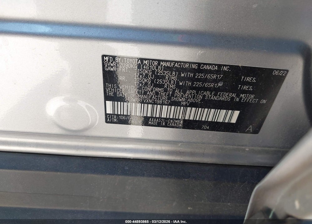 2022 TOYOTA RAV4 XLE VIN: 2T3W1RFVXNC198167