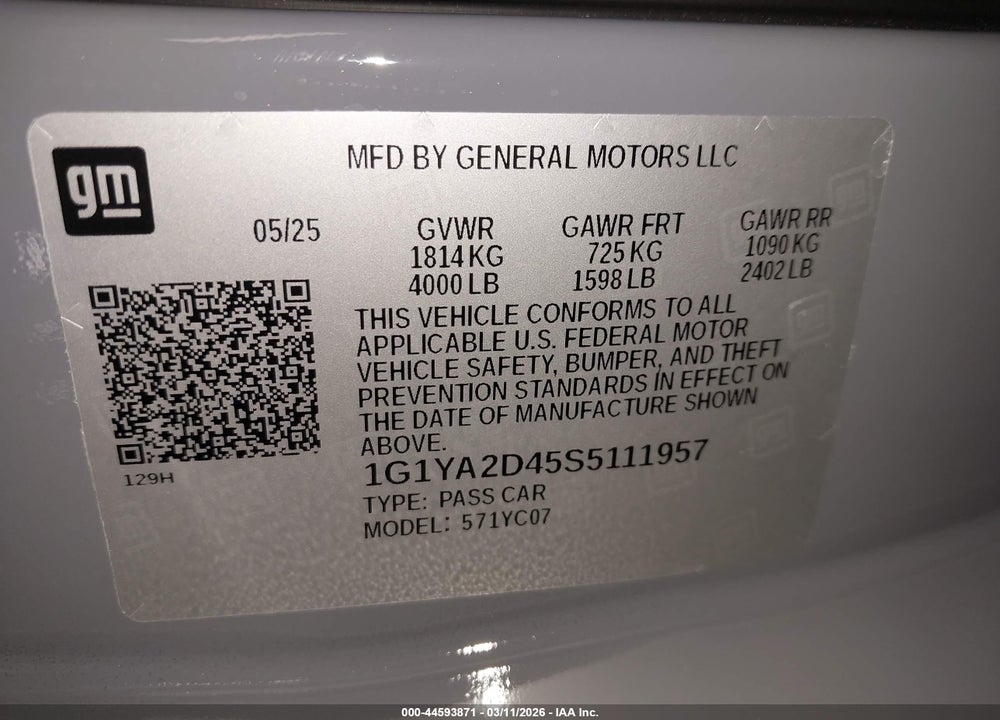 2025 CHEVROLET CORVETTE STINGRAY RWD  1LT VIN: 1G1YA2D45S5111957