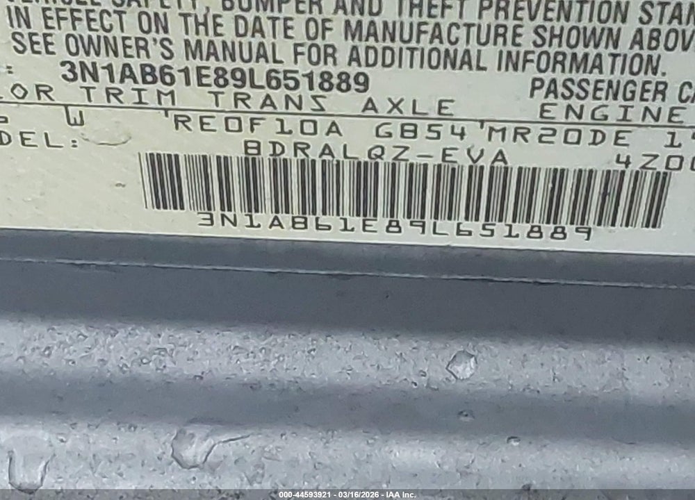 2009 NISSAN SENTRA 2.0 VIN: 3N1AB61E89L651889