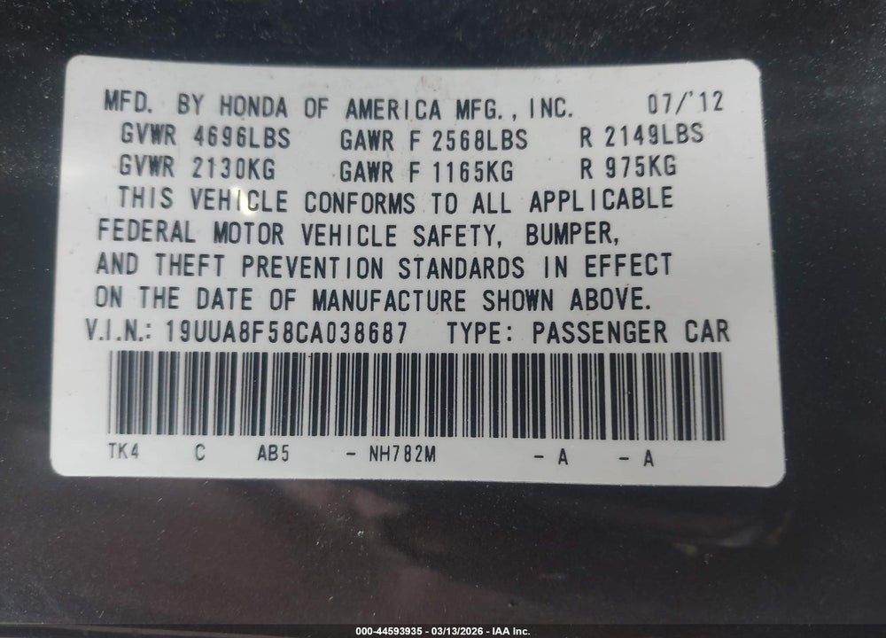 2012 ACURA TL 3.5 VIN: 19UUA8F58CA038687