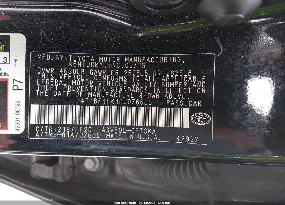 2015 TOYOTA CAMRY SE VIN: 4T1BF1FK1FU076605