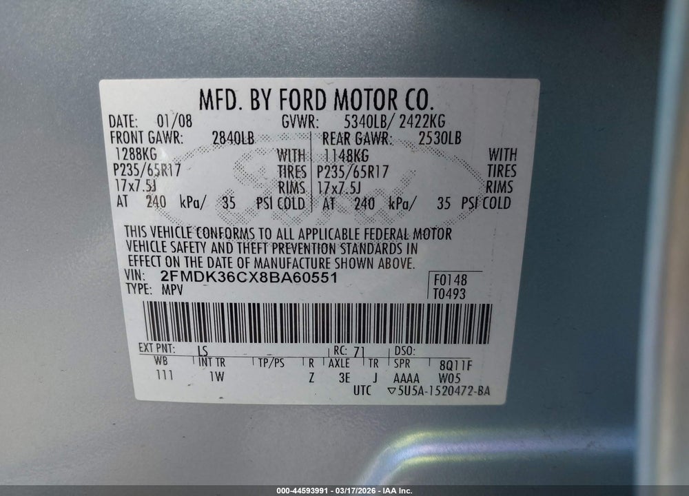 2008 FORD EDGE SE VIN: 2FMDK36CX8BA60551