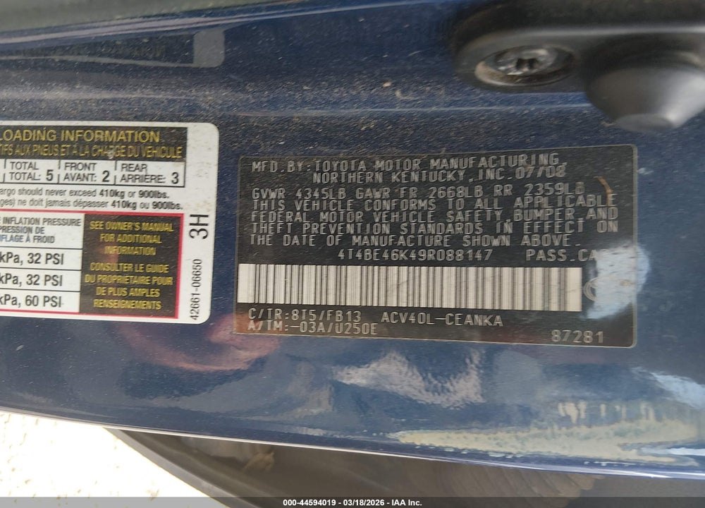 2009 TOYOTA CAMRY LE VIN: 4T4BE46K49R088147