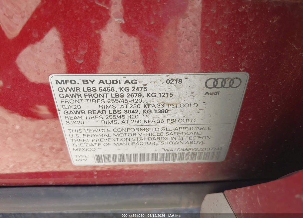 2018 AUDI Q5 2.0T PREMIUM/2.0T TECH PREMIUM VIN: WA1CNAFY3J2137242