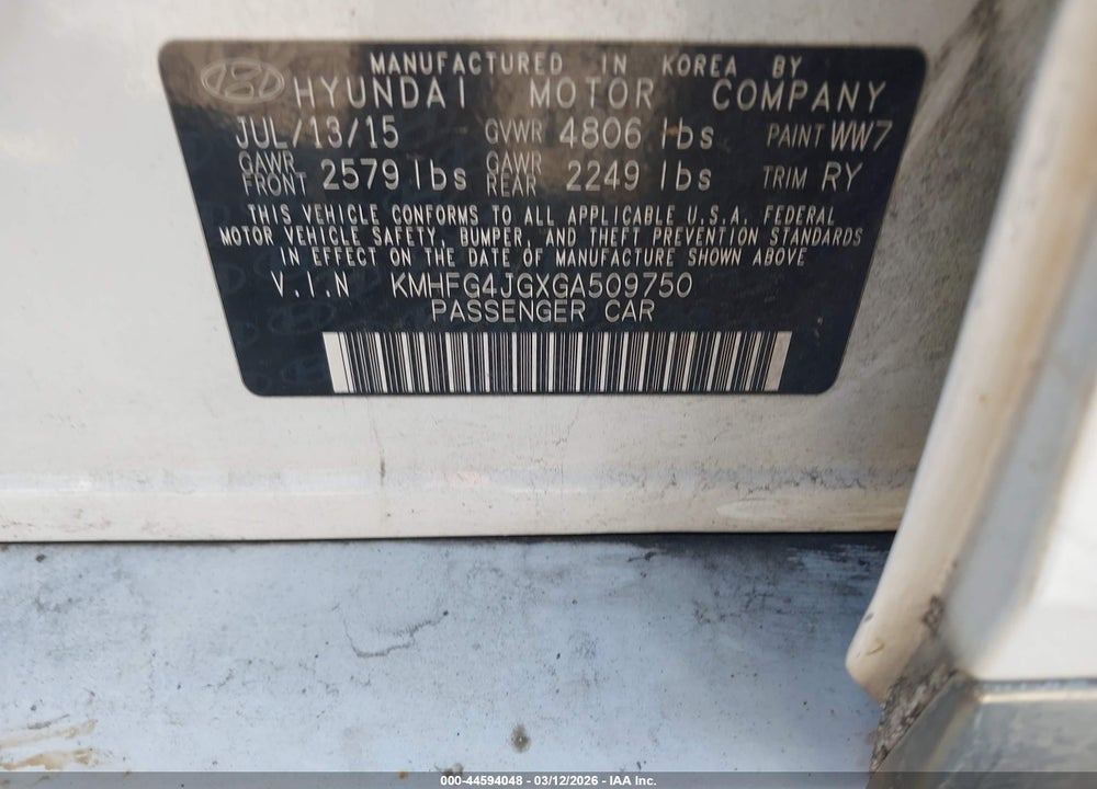 2016 HYUNDAI AZERA VIN: KMHFG4JGXGA509750