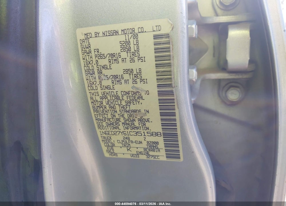 2001 NISSAN FRONTIER SE-V6 VIN: 1N6ED27Y61C351588