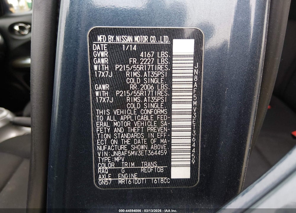 2014 NISSAN JUKE NISMO/S/SL/SV VIN: JN8AF5MV3ET364459