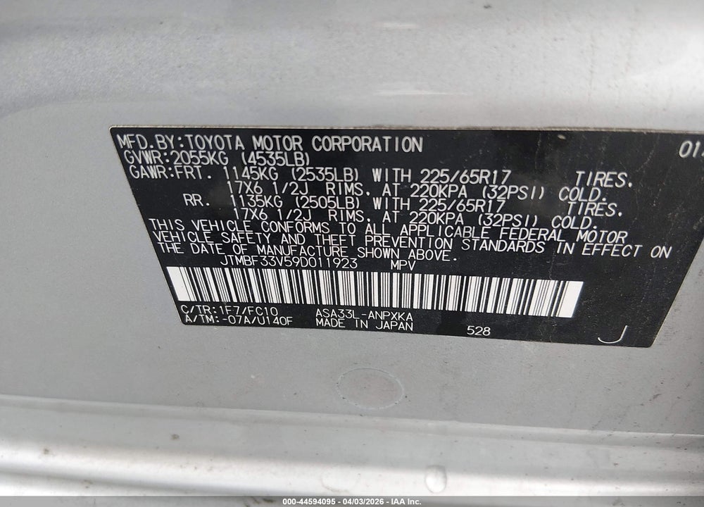 2009 TOYOTA RAV4 VIN: JTMBF33V59D011923