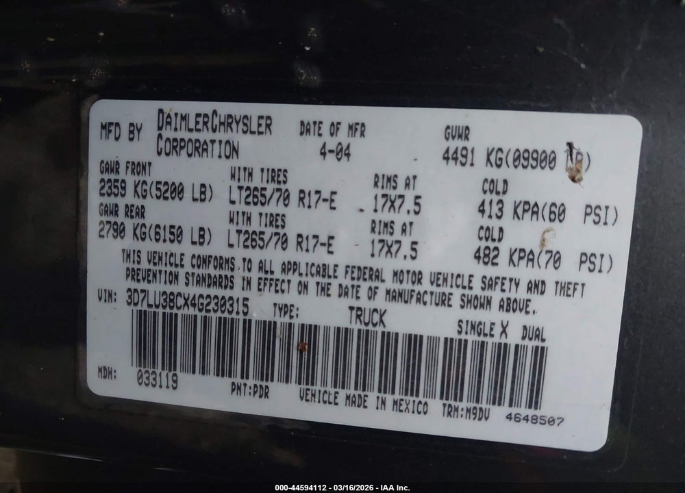 2004 DODGE RAM 3500 SLT/LARAMIE VIN: 3D7LU38CX4G230315