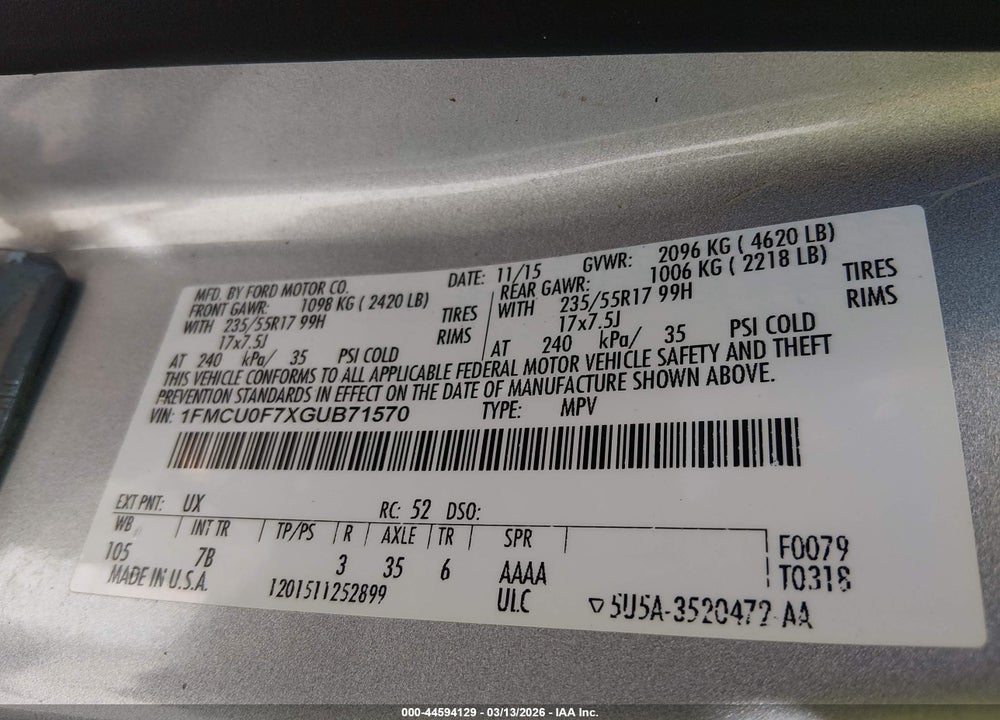 2016 FORD ESCAPE S VIN: 1FMCU0F7XGUB71570
