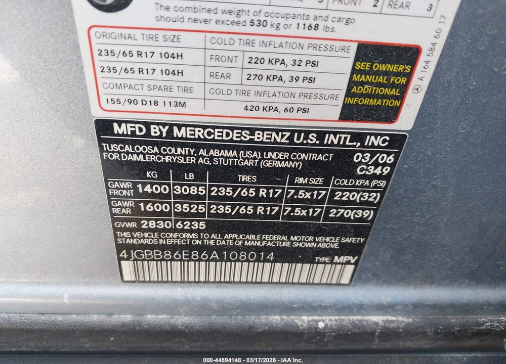 2006 MERCEDES-BENZ ML 350 4MATIC VIN: 4JGBB86E86A108014