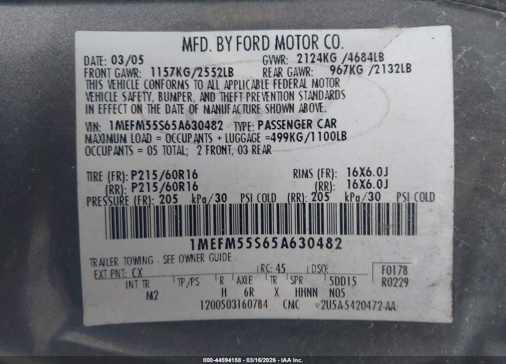 2005 MERCURY SABLE LS VIN: 1MEFM55S65A630482