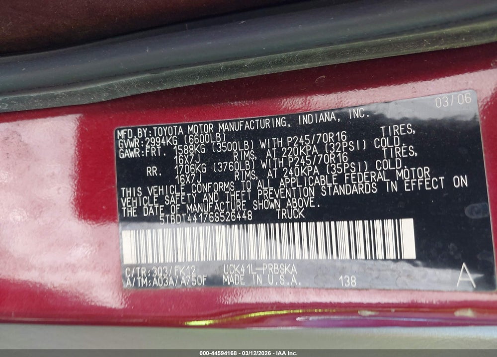 2006 TOYOTA TUNDRA SR5 V8 VIN: 5TBDT44176S526448