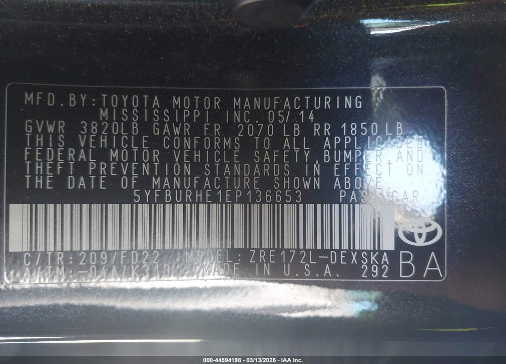 2014 TOYOTA COROLLA L/LE/LE PLS/PRM/S/S PLS VIN: 5YFBURHE1EP136653