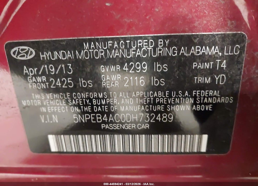 2013 HYUNDAI SONATA GLS VIN: 5NPEB4AC0DH732489