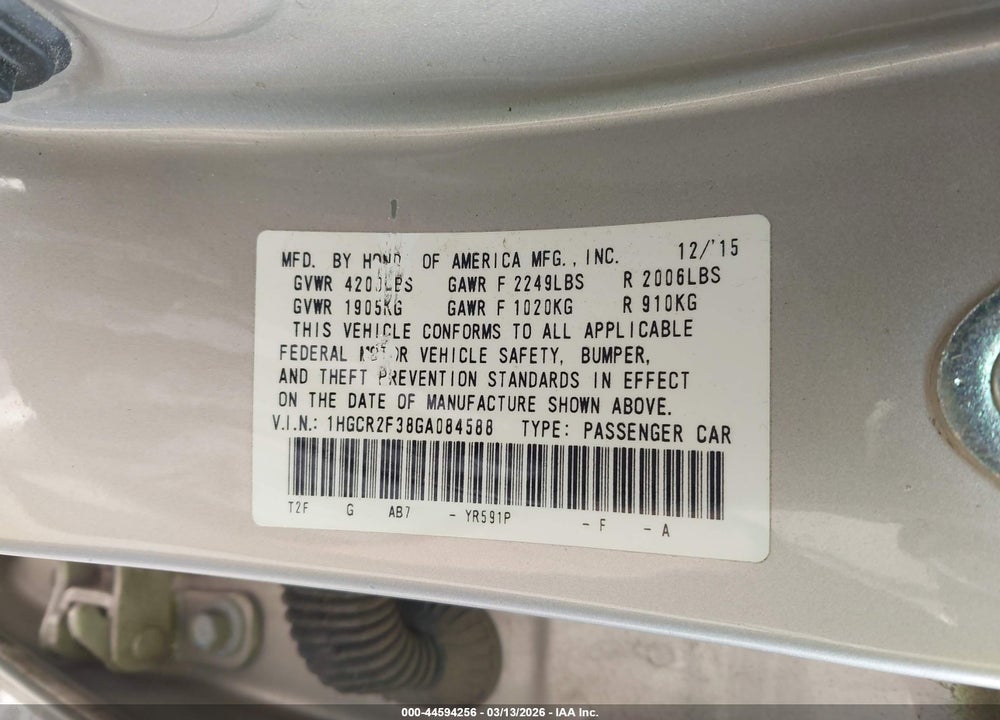 2016 HONDA ACCORD LX VIN: 1HGCR2F38GA084588